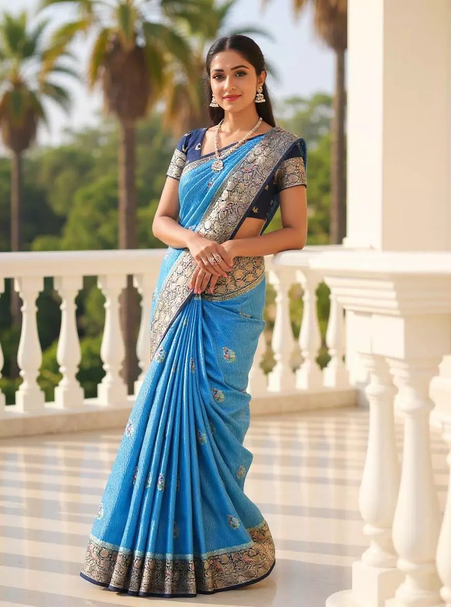 Image of Sky Blue Floral Satin Meenakari work Banaras Soft Silk Saree - South India Shopping Mall