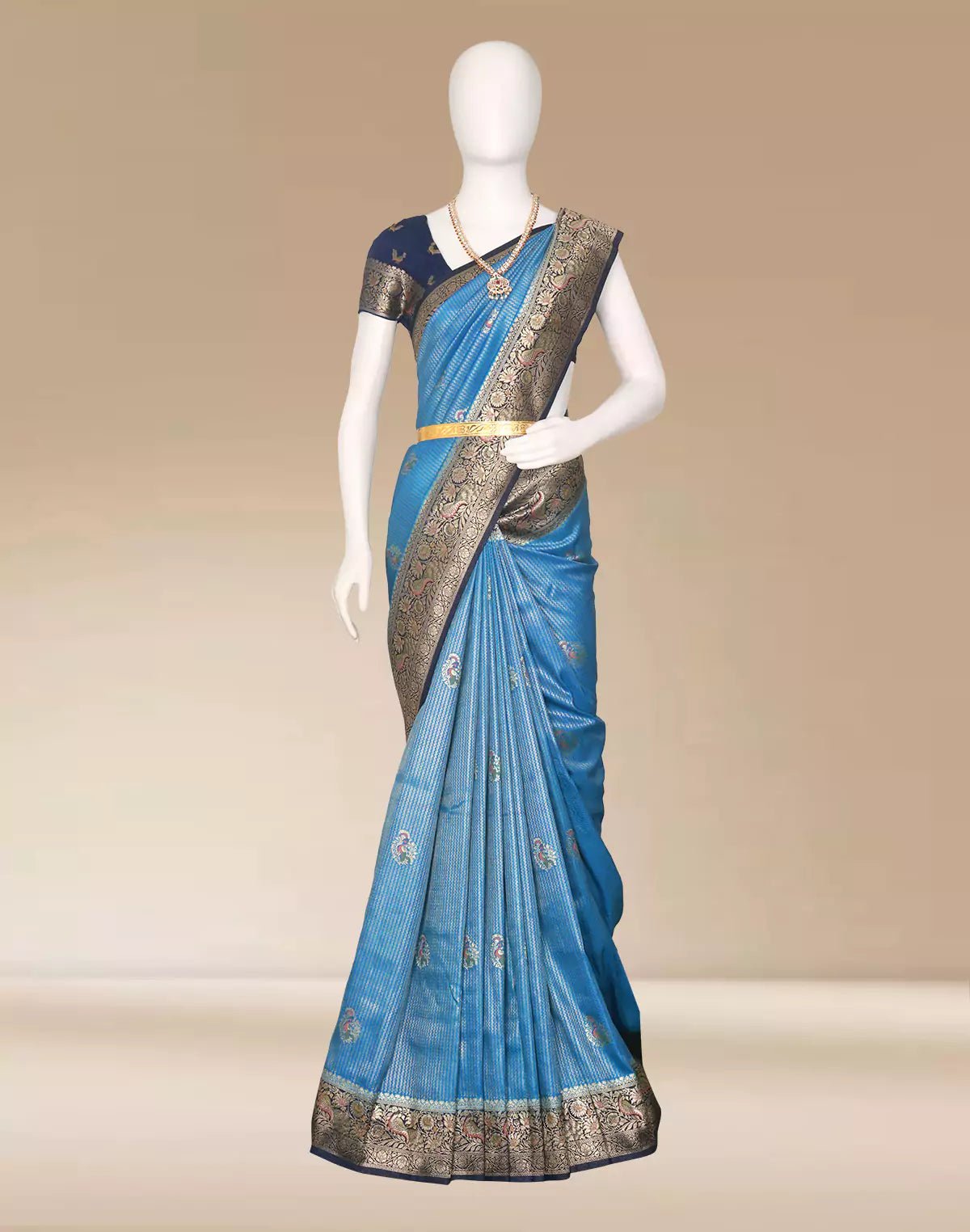 Image of Sky Blue Floral Satin Meenakari work Banaras Soft Silk Saree - South India Shopping Mall