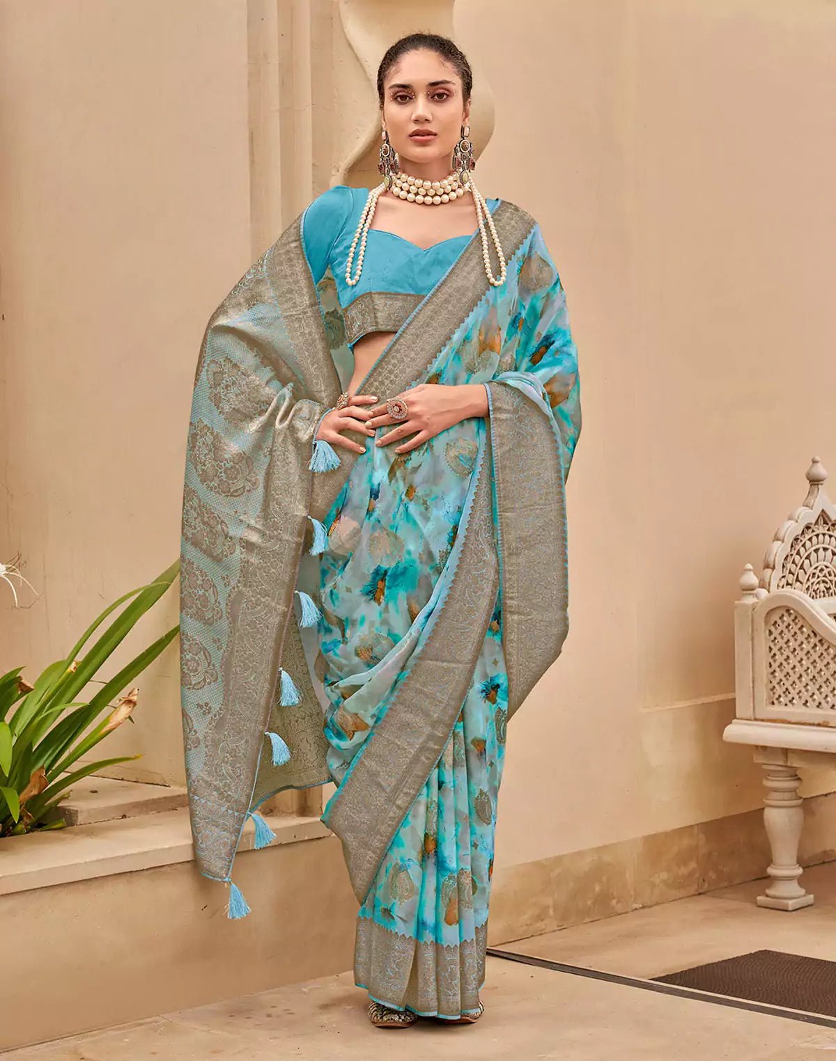 Image of Sky Blue Floral Woven design Art Silk Saree - South India Shopping Mall