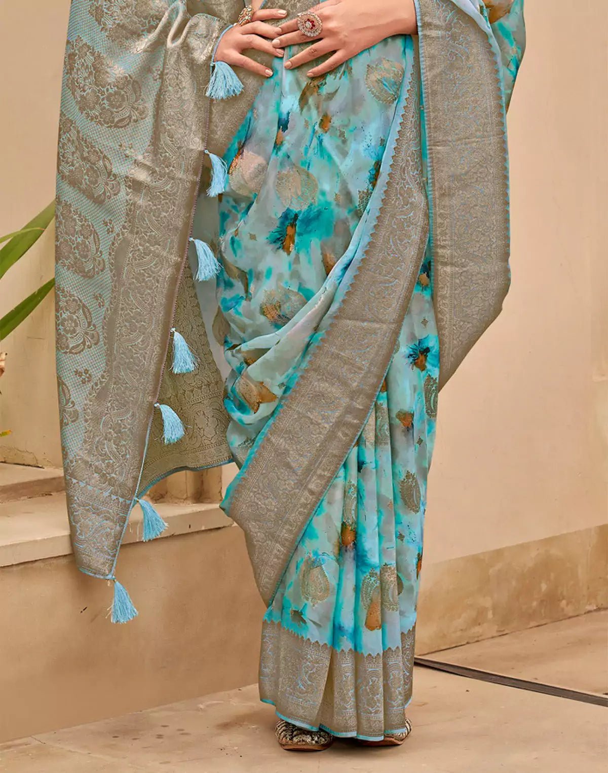 Image of Sky Blue Floral Woven design Art Silk Saree - South India Shopping Mall
