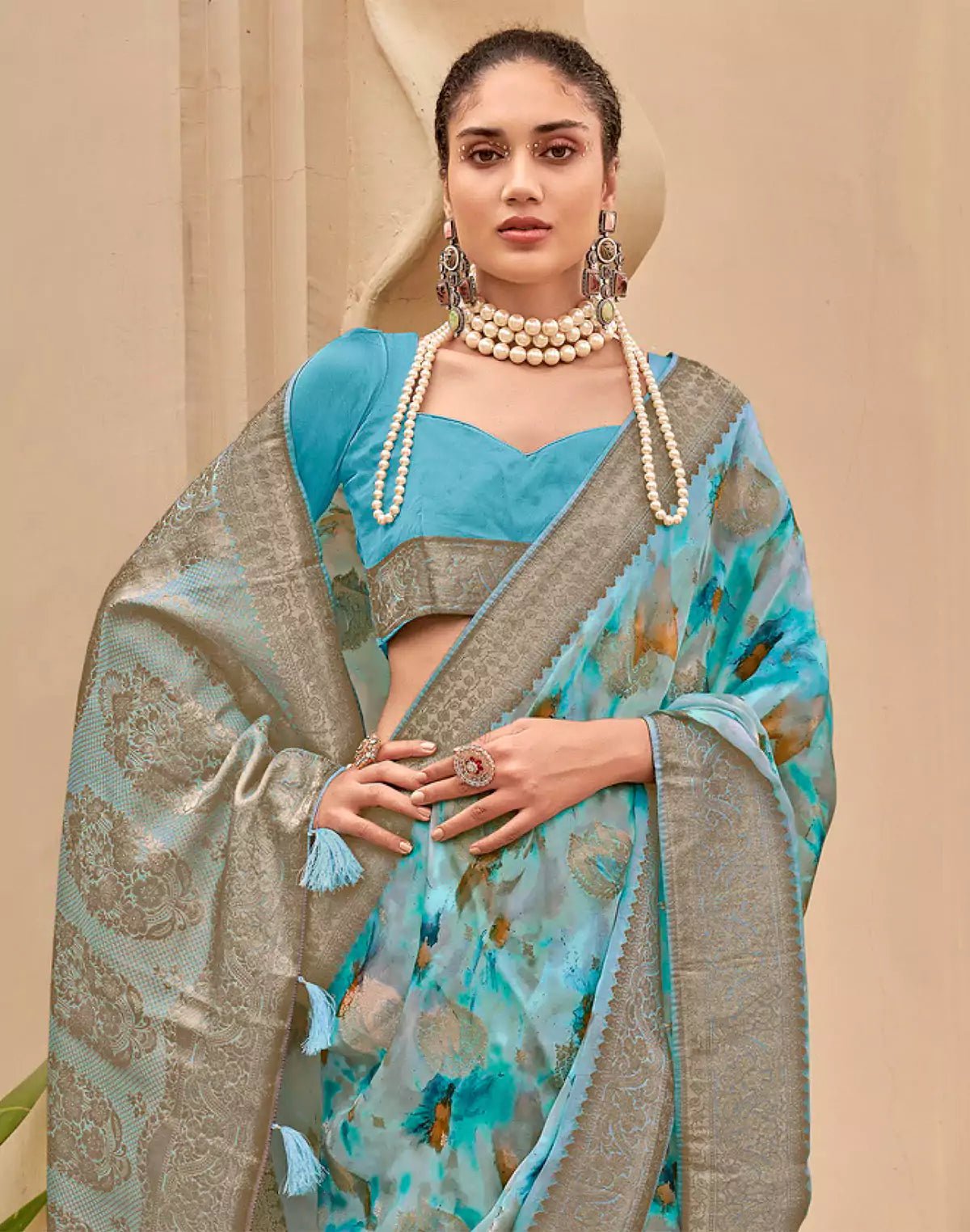 Image of Sky Blue Floral Woven design Art Silk Saree - South India Shopping Mall