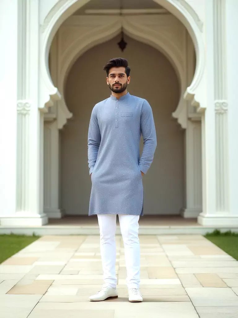 Image of Sky Blue Geometric Print Cotton Regular Fit Kurta Set - South India Shopping Mall