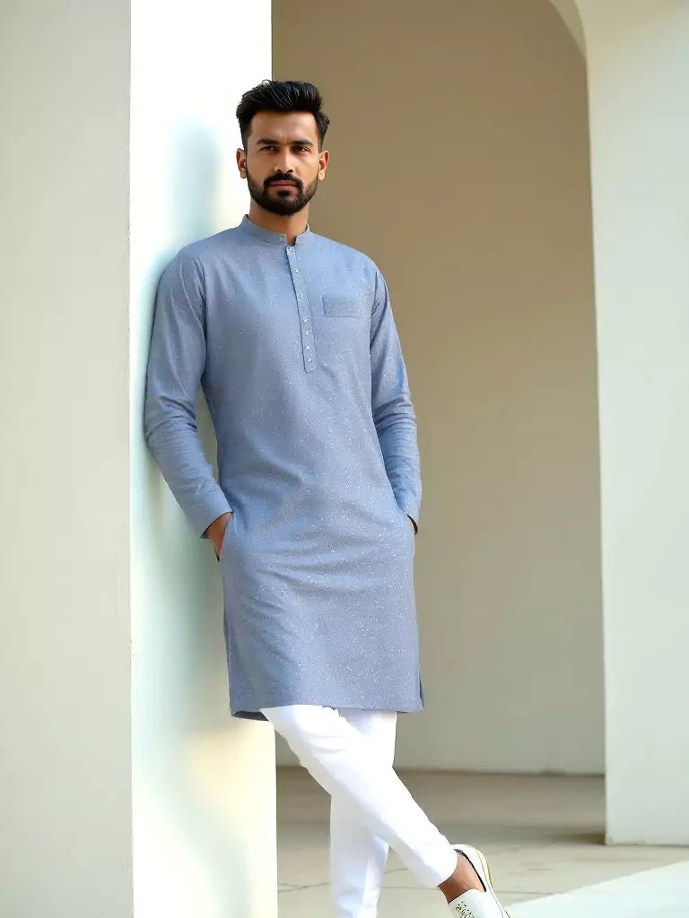 Image of Sky Blue Geometric Print Cotton Regular Fit Kurta Set - South India Shopping Mall