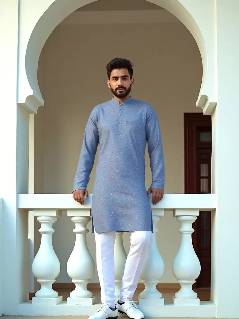 Image of Sky Blue Geometric Print Cotton Regular Fit Kurta Set - South India Shopping Mall