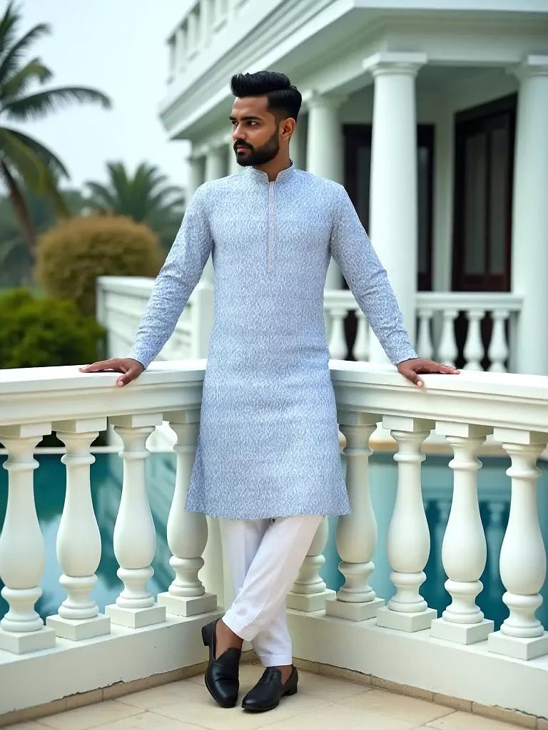 Image of Sky Blue Ikat Print Span Cotton Kurta Set - South India Shopping Mall