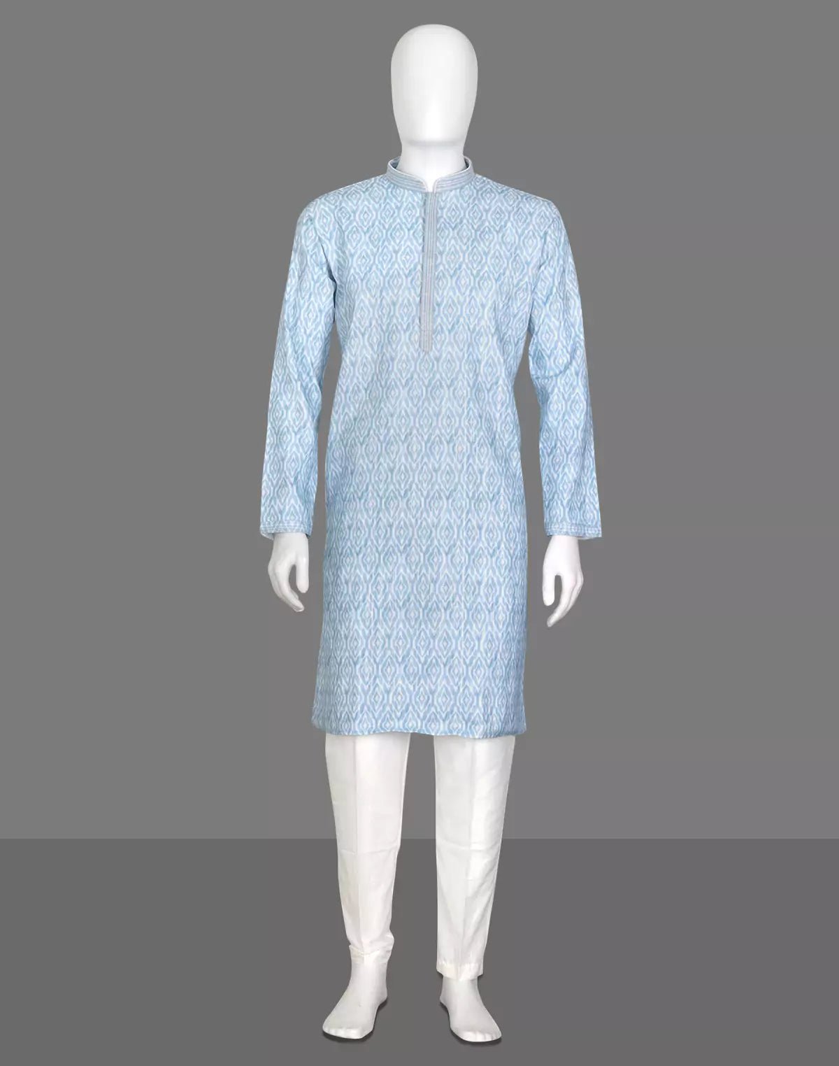 Image of Sky Blue Ikat Print Span Cotton Kurta Set - South India Shopping Mall