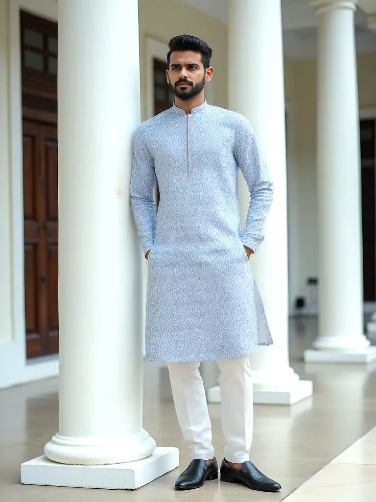 Image of Sky Blue Ikat Print Span Cotton Kurta Set - South India Shopping Mall