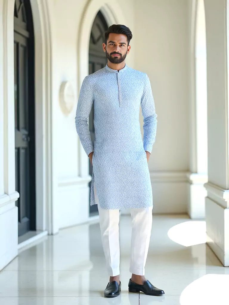 Image of Sky Blue Ikat Print Span Cotton Kurta Set - South India Shopping Mall