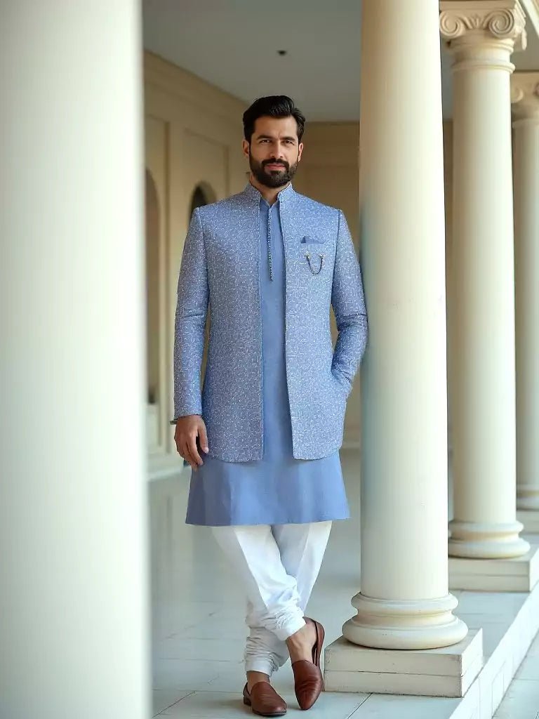 Image of Sky Blue Imperial Floral Patterned Sequence Style Milky Silk Indo Open Style - South India Shopping Mall