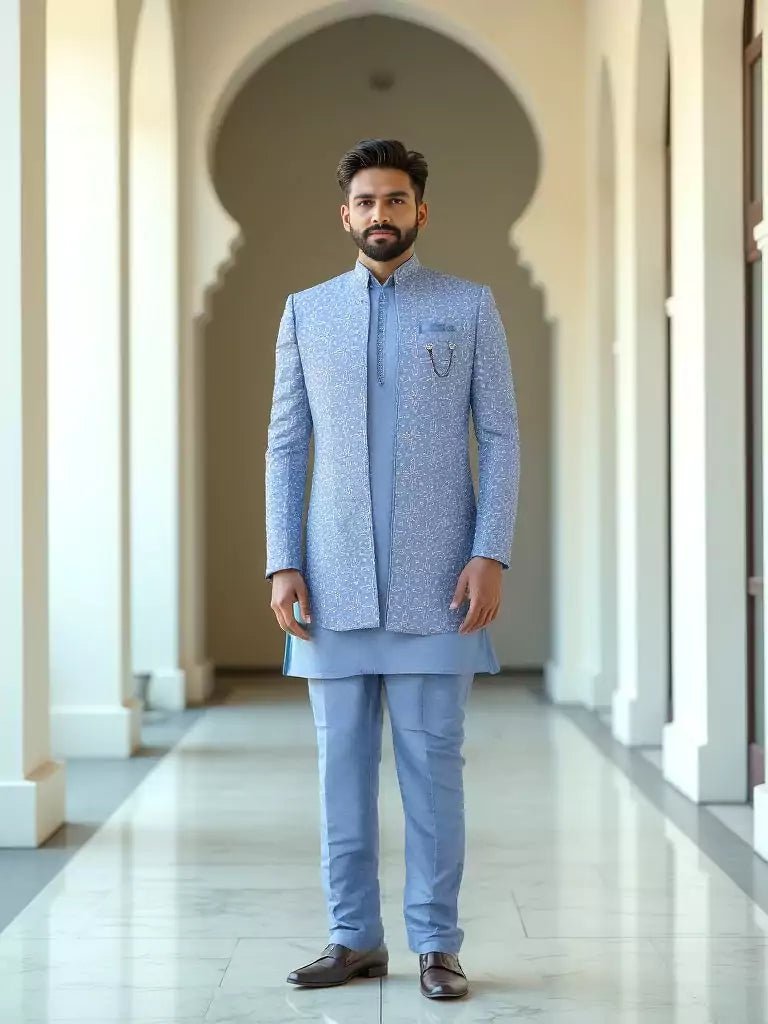 Image of Sky Blue Imperial Floral Patterned Sequence Style Milky Silk Indo Open Style - South India Shopping Mall