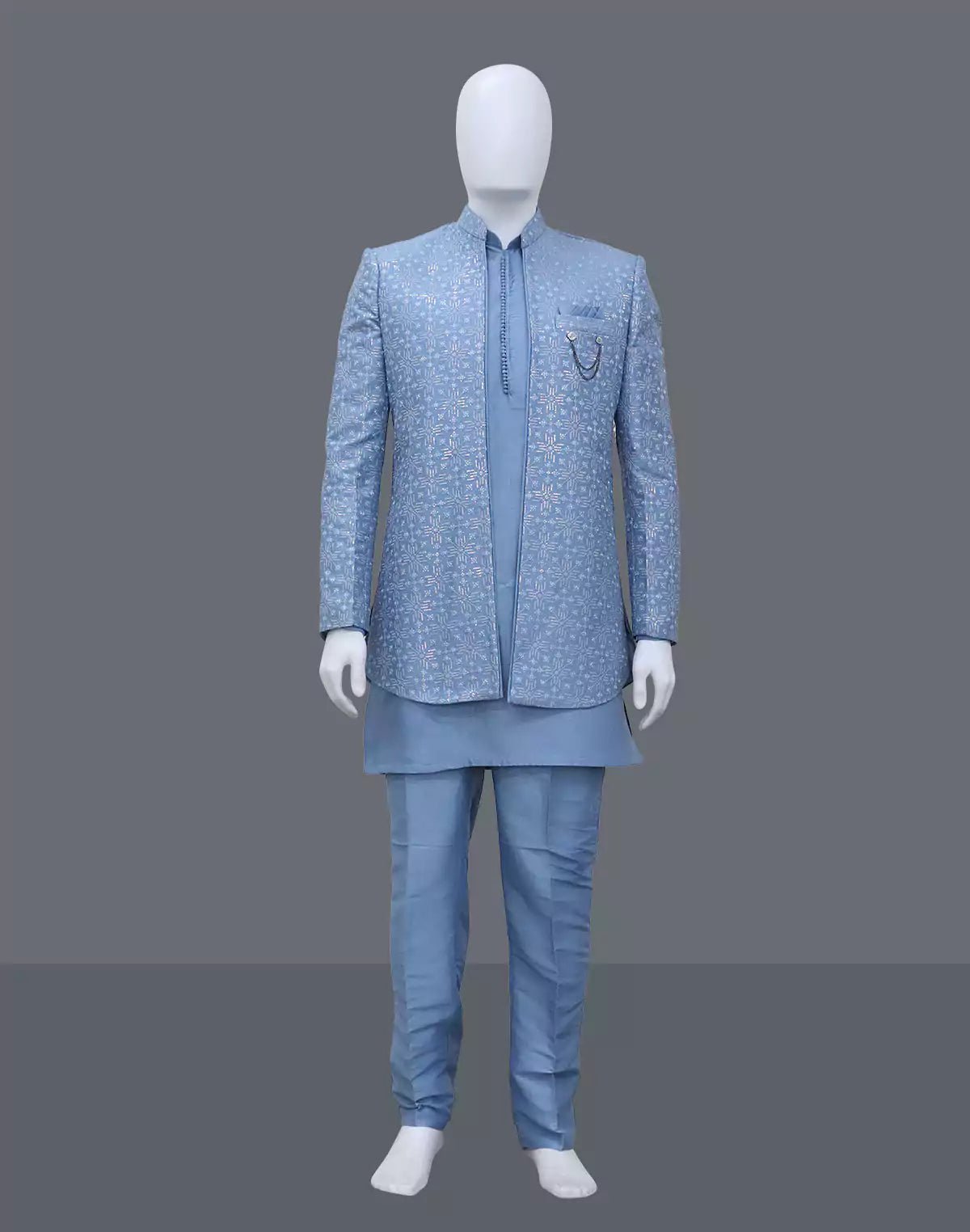 Image of Sky Blue Imperial Floral Patterned Sequence Style Milky Silk Indo Open Style - South India Shopping Mall