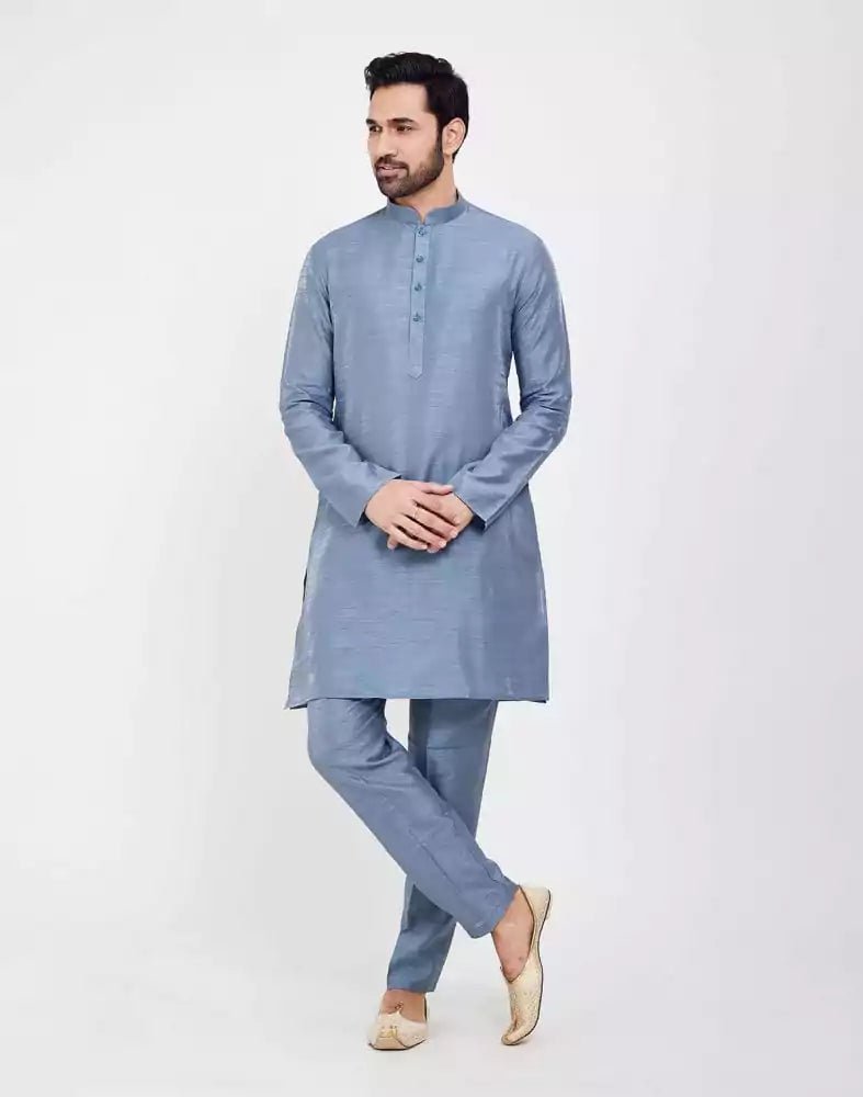 Image of Sky Blue Jacquard 3D Self Plain Kurta Set - South India Shopping Mall