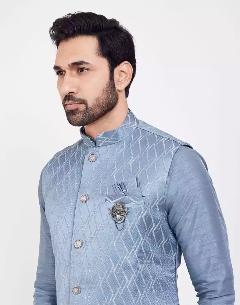Image of Sky Blue Jacquard 3D Self Plain Kurta Set - South India Shopping Mall