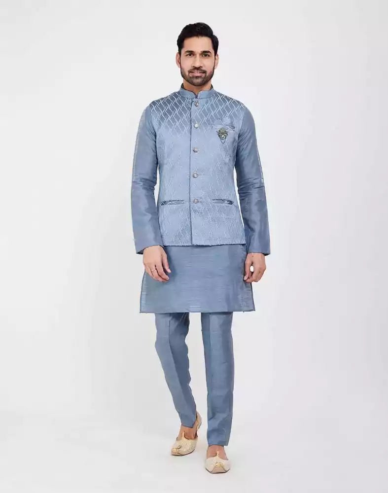 Image of Sky Blue Jacquard 3D Self Plain Kurta Set - South India Shopping Mall