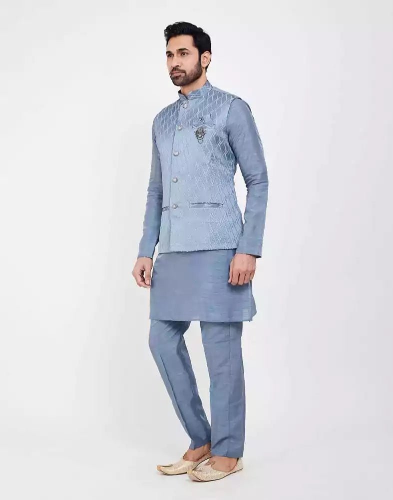 Image of Sky Blue Jacquard 3D Self Plain Kurta Set - South India Shopping Mall