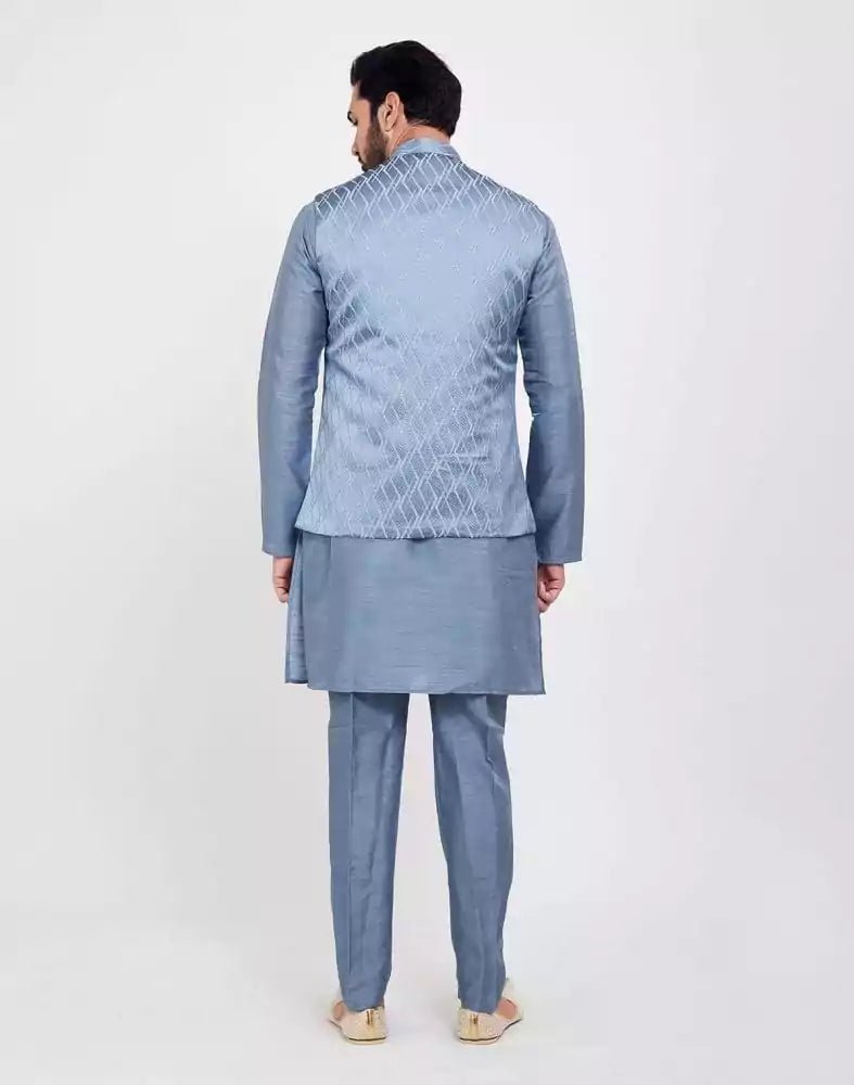 Image of Sky Blue Jacquard 3D Self Plain Kurta Set - South India Shopping Mall