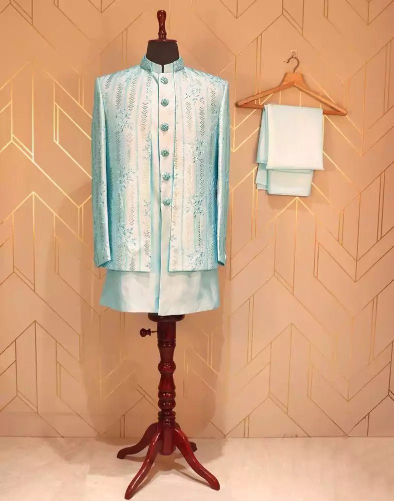 Image of Sky Blue Raw Silk Embellished work Kurta Jacket Set - South India Shopping Mall