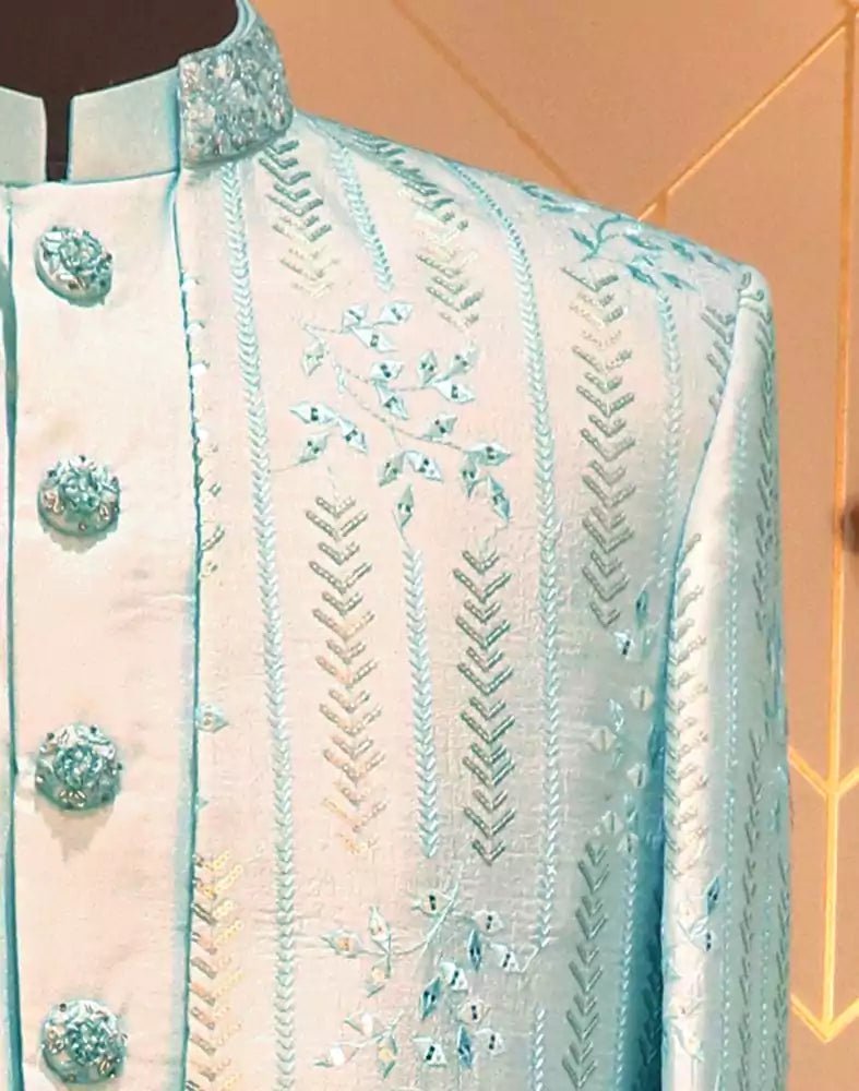 Image of Sky Blue Raw Silk Embellished work Kurta Jacket Set - South India Shopping Mall