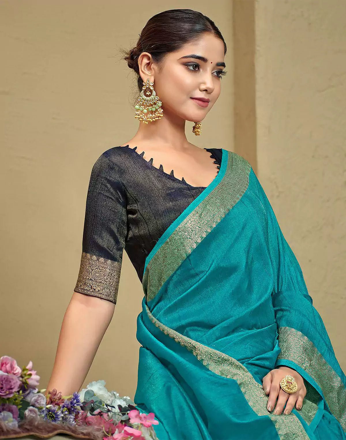 Image of Sky Blue Raw Silk Plain Saree - South India Shopping Mall