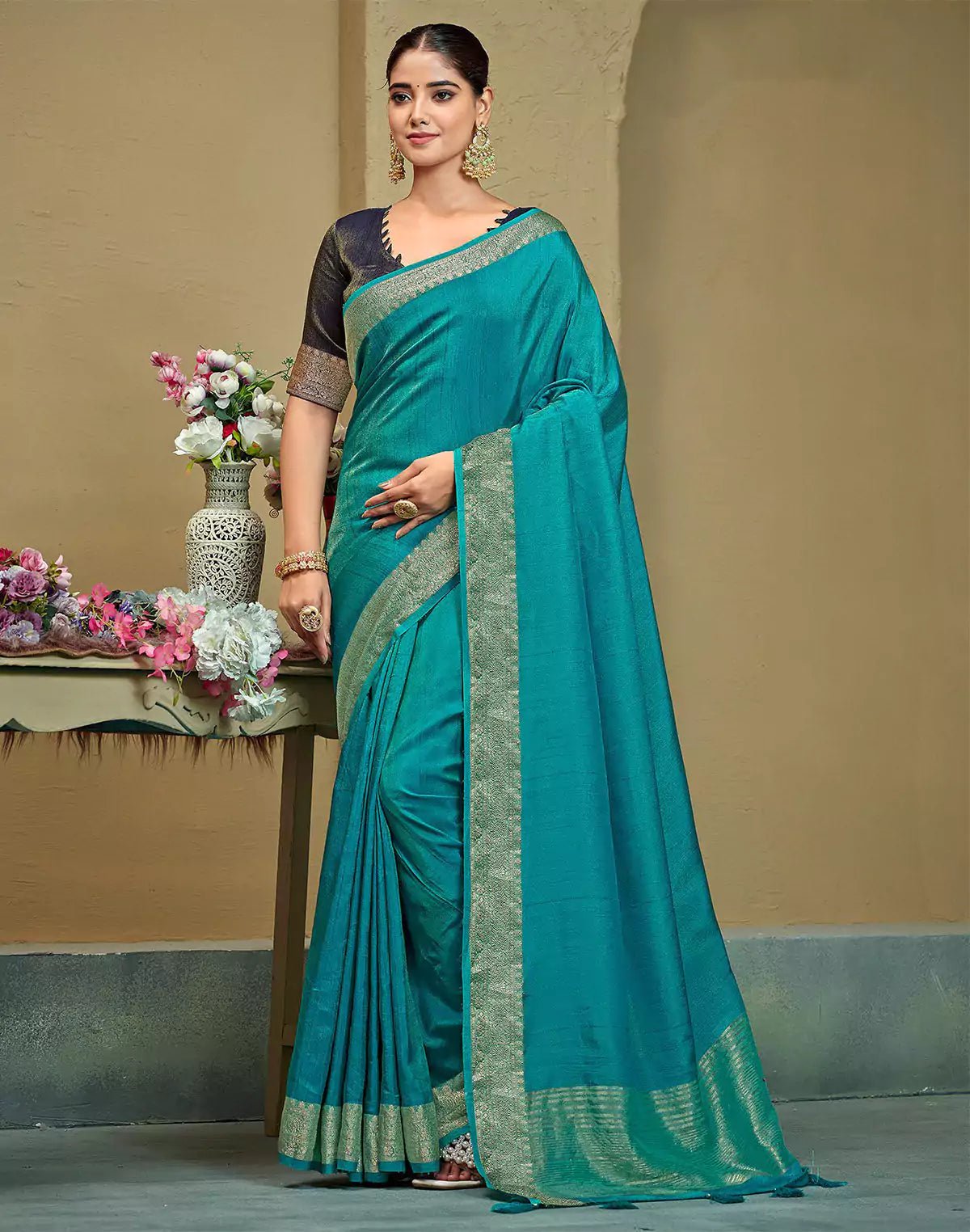 Image of Sky Blue Raw Silk Plain Saree - South India Shopping Mall