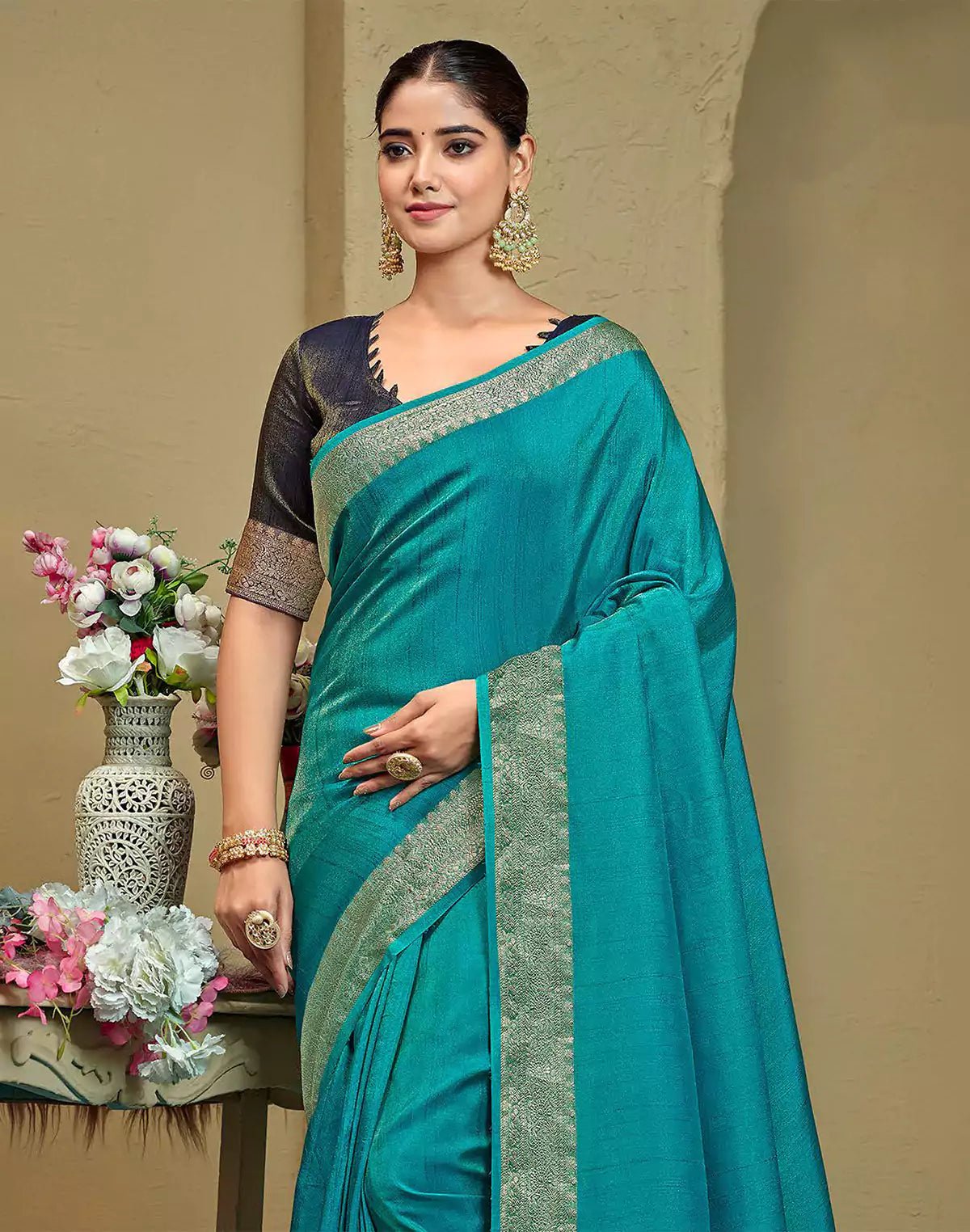Image of Sky Blue Raw Silk Plain Saree - South India Shopping Mall
