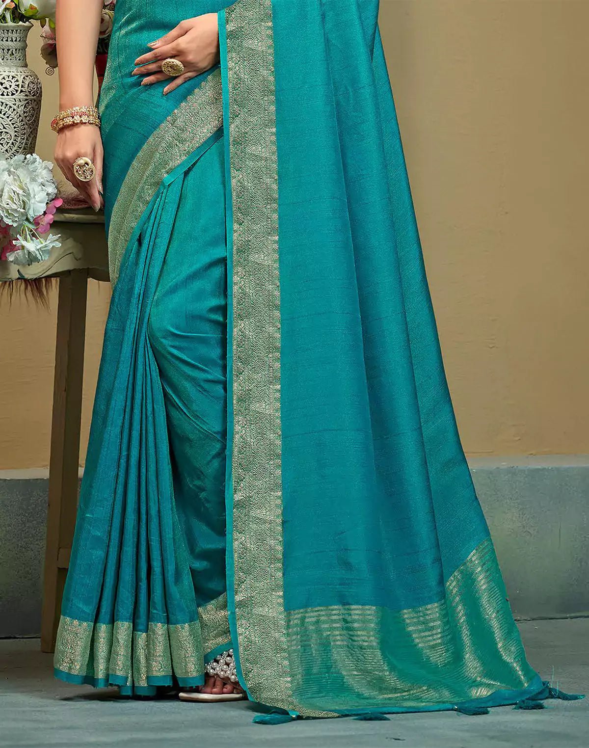 Image of Sky Blue Raw Silk Plain Saree - South India Shopping Mall