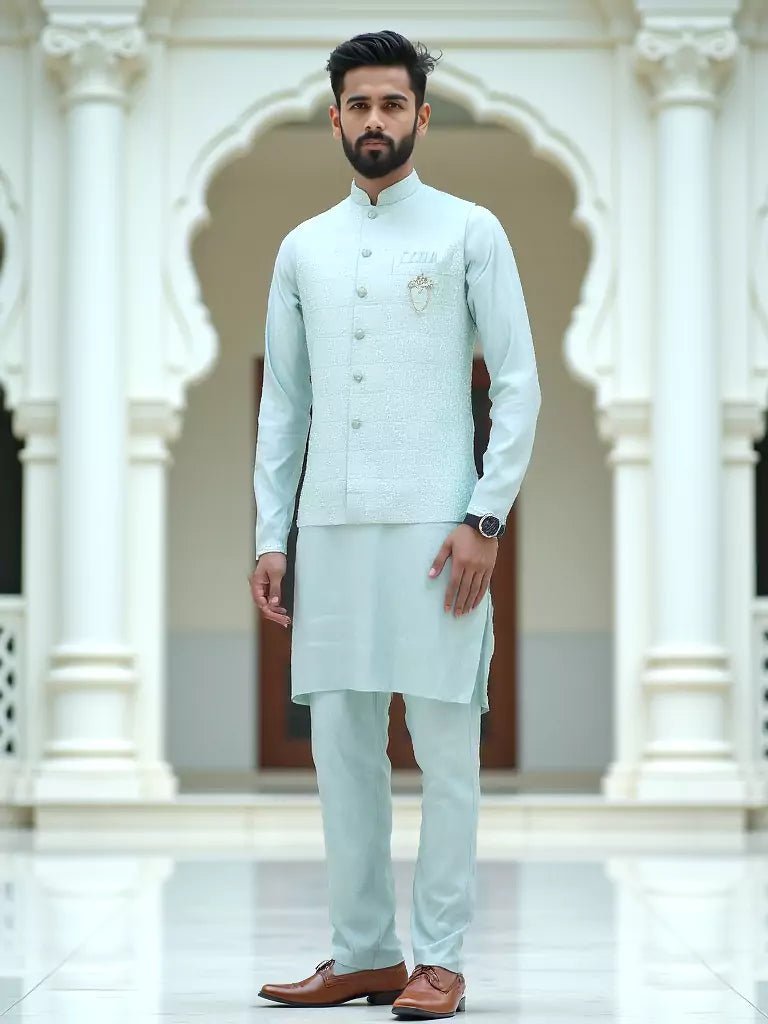 Image of Sky Blue Self Design Milky Silk Thread Work Kurta Set - South India Shopping Mall