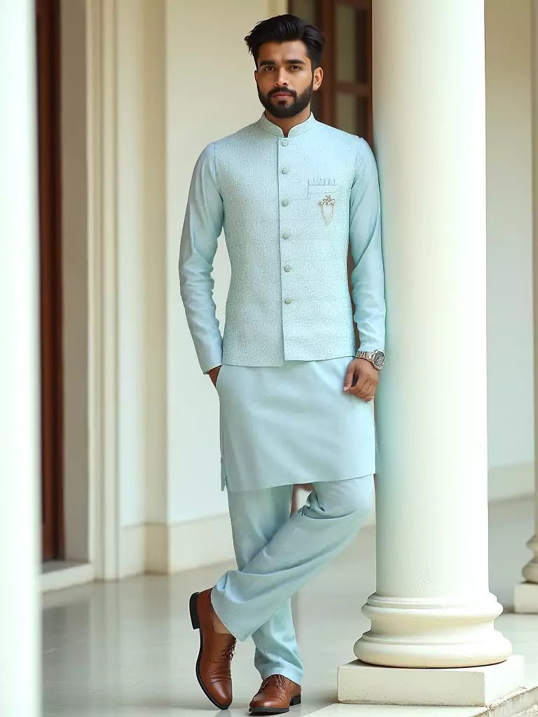 Image of Sky Blue Self Design Milky Silk Thread Work Kurta Set - South India Shopping Mall