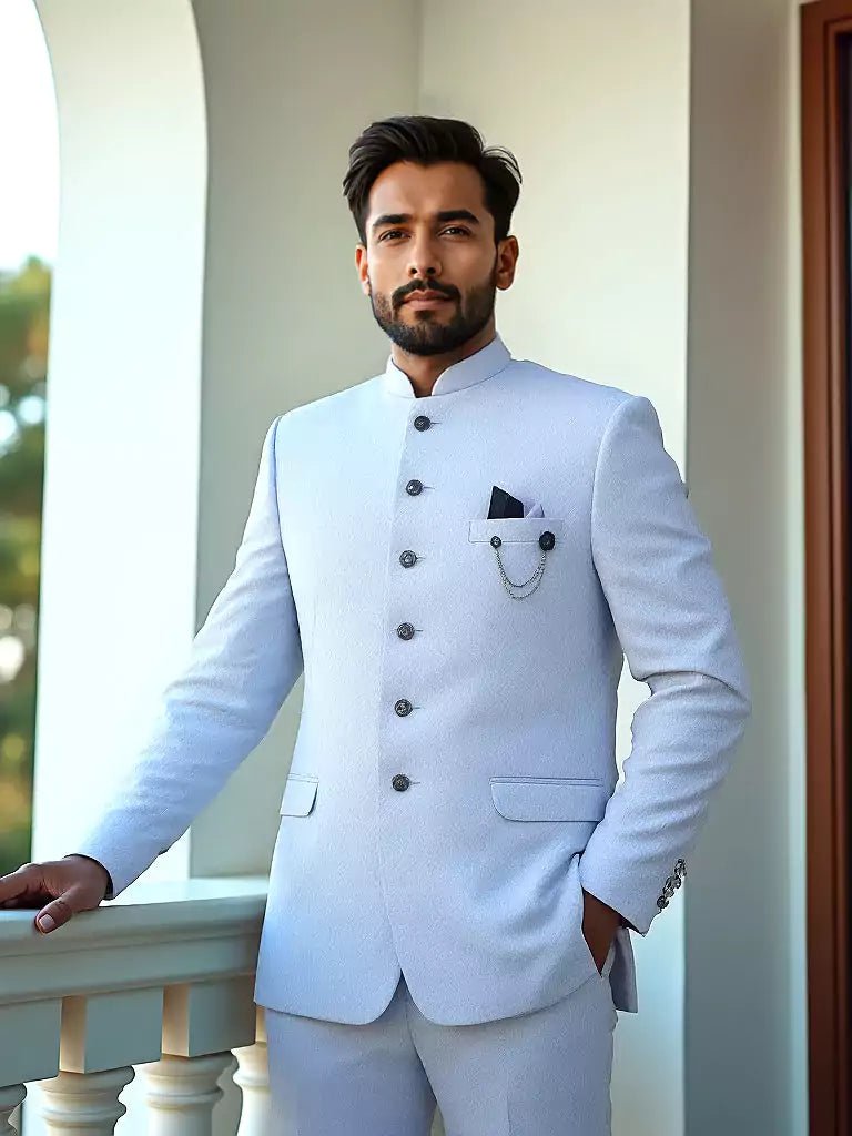 Image of Sky Colour Self Design with Jacket Style Jacquard Jhodpuri Set - South India Shopping Mall