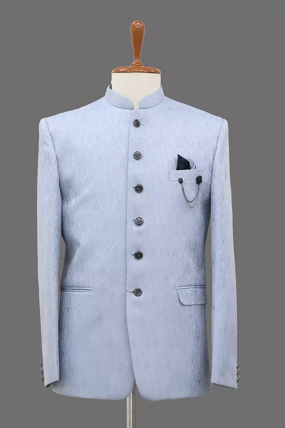 Image of Sky Colour Self Design with Jacket Style Jacquard Jhodpuri Set - South India Shopping Mall
