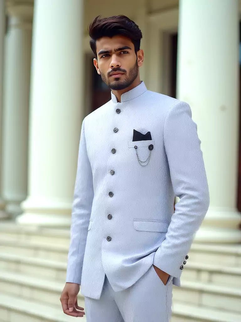 Sky Colour Self Design with Jacket Style Jacquard Jhodpuri Set - South India Shopping Mall