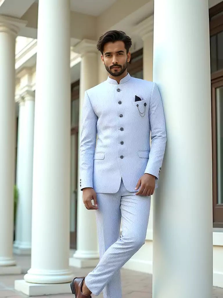Image of Sky Colour Self Design with Jacket Style Jacquard Jhodpuri Set - South India Shopping Mall