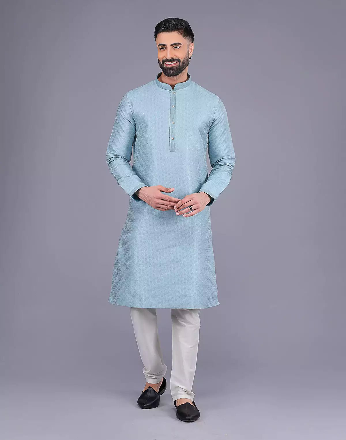 Image of Sky Coloured Self Design Soft Silk Stones work Kurta Pyjama Set - South India Shopping Mall