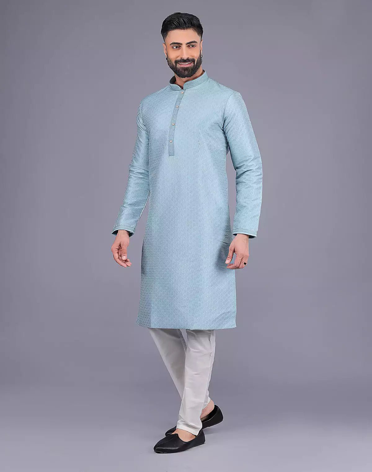 Image of Sky Coloured Self Design Soft Silk Stones work Kurta Pyjama Set - South India Shopping Mall