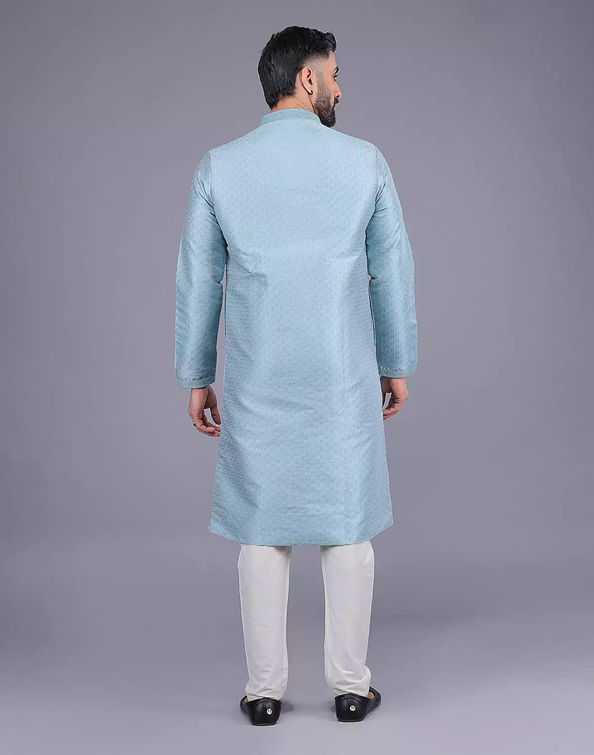 Image of Sky Coloured Self Design Soft Silk Stones work Kurta Pyjama Set - South India Shopping Mall