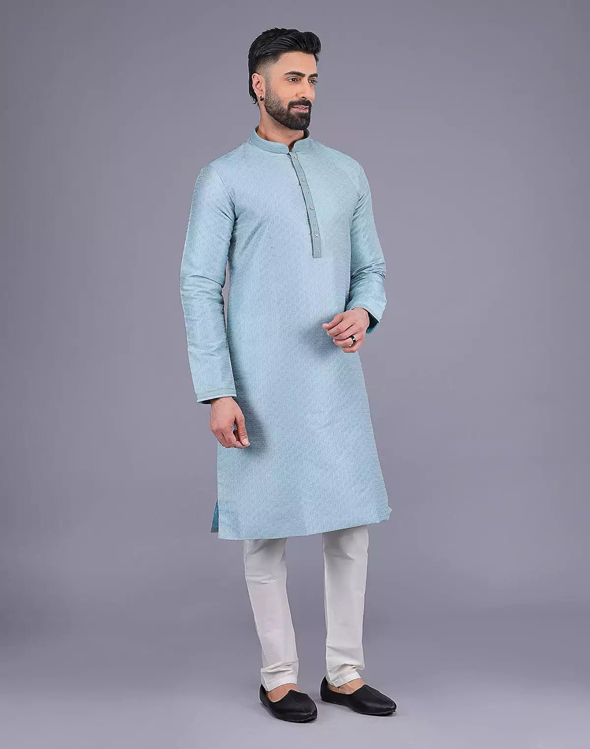 Image of Sky Coloured Self Design Soft Silk Stones work Kurta Pyjama Set - South India Shopping Mall