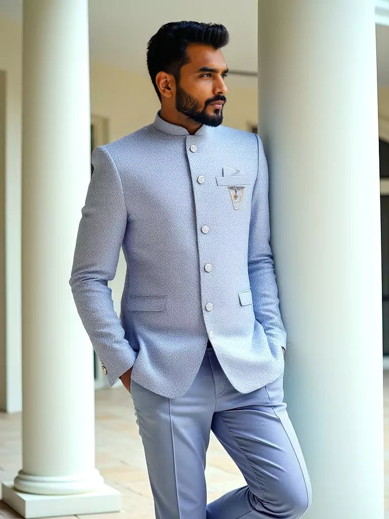 Image of Sky Coloured Self Weaved Jacquard Bandhgala Suit - South India Shopping Mall