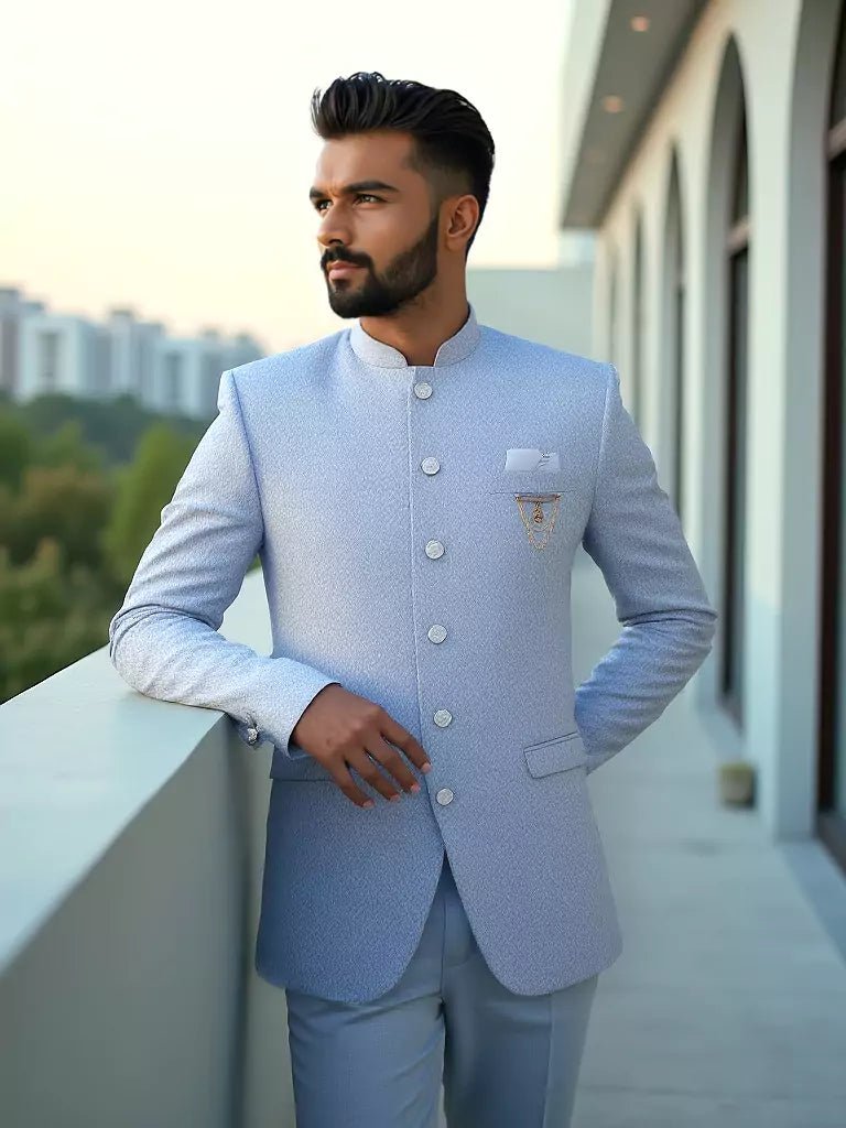 Image of Sky Coloured Self Weaved Jacquard Bandhgala Suit - South India Shopping Mall