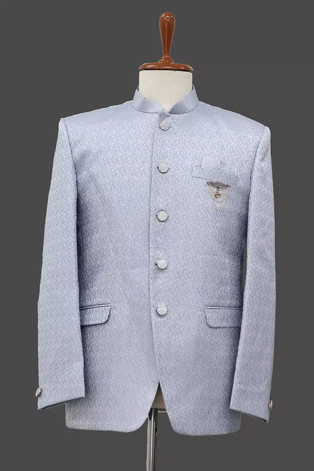 Image of Sky Coloured Self Weaved Jacquard Bandhgala Suit - South India Shopping Mall