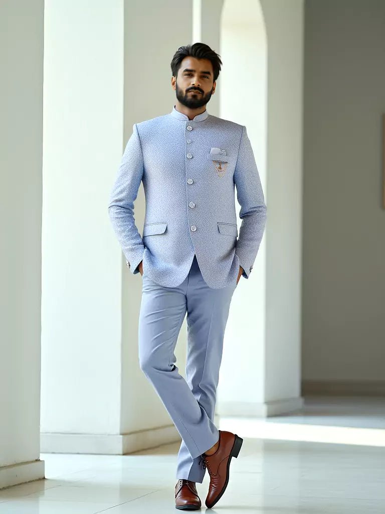Image of Sky Coloured Self Weaved Jacquard Bandhgala Suit - South India Shopping Mall