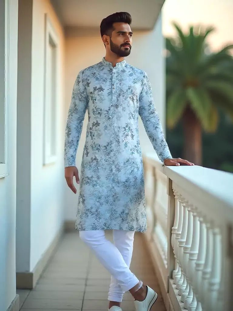 Image of Sky Digital Floral Print Cotton Silk Kurta - South India Shopping Mall