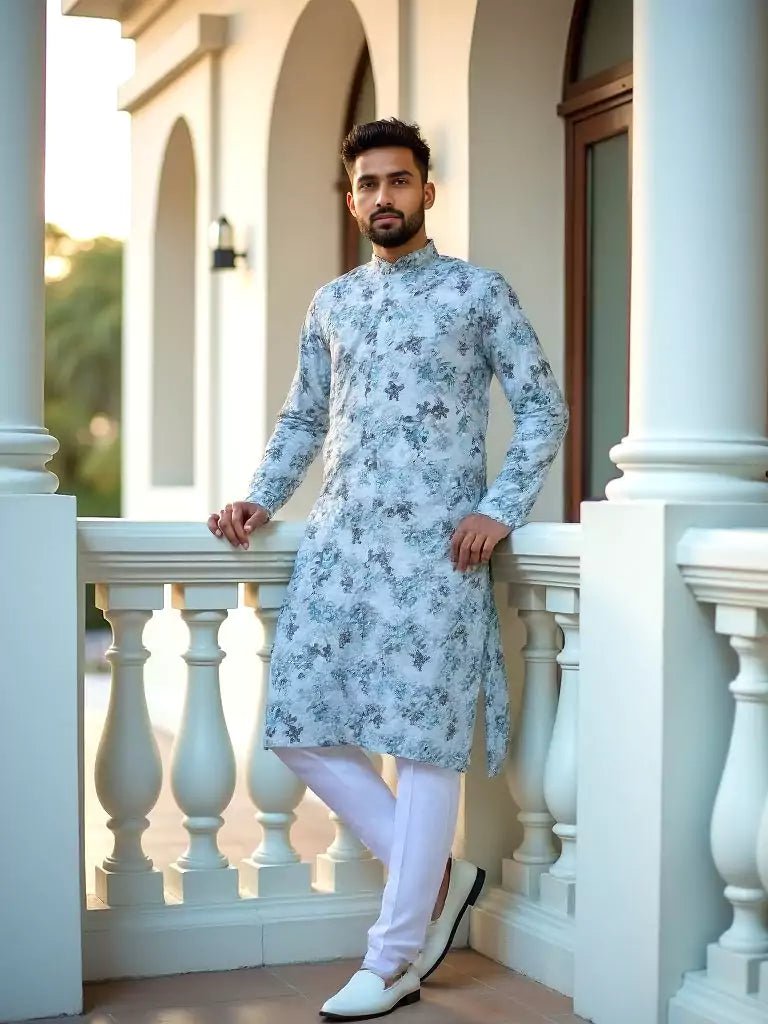 Image of Sky Digital Floral Print Cotton Silk Kurta - South India Shopping Mall