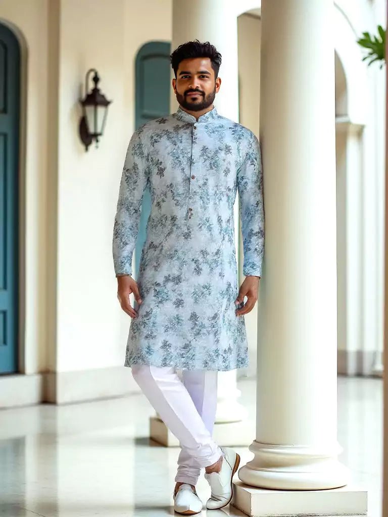 Image of Sky Digital Floral Print Cotton Silk Kurta - South India Shopping Mall
