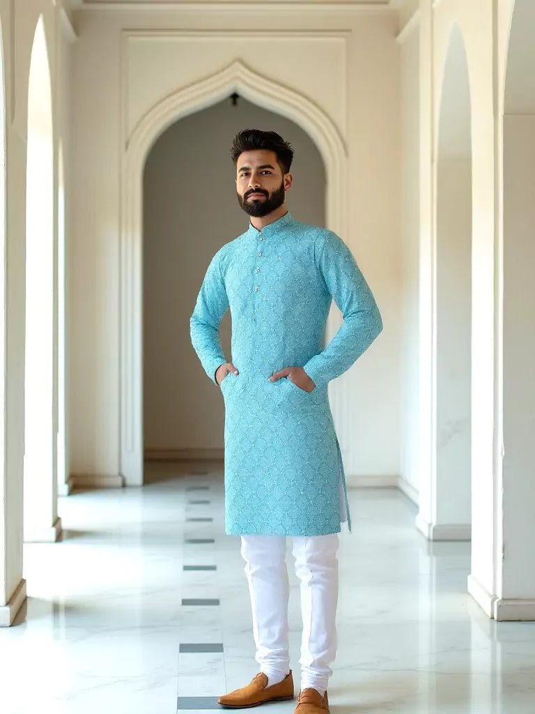 Image of Sky Elegance Cotton Floral Print Kurta - South India Shopping Mall
