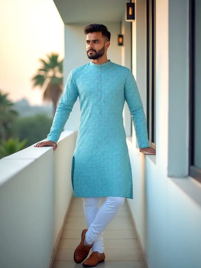 Image of Sky Elegance Cotton Floral Print Kurta - South India Shopping Mall