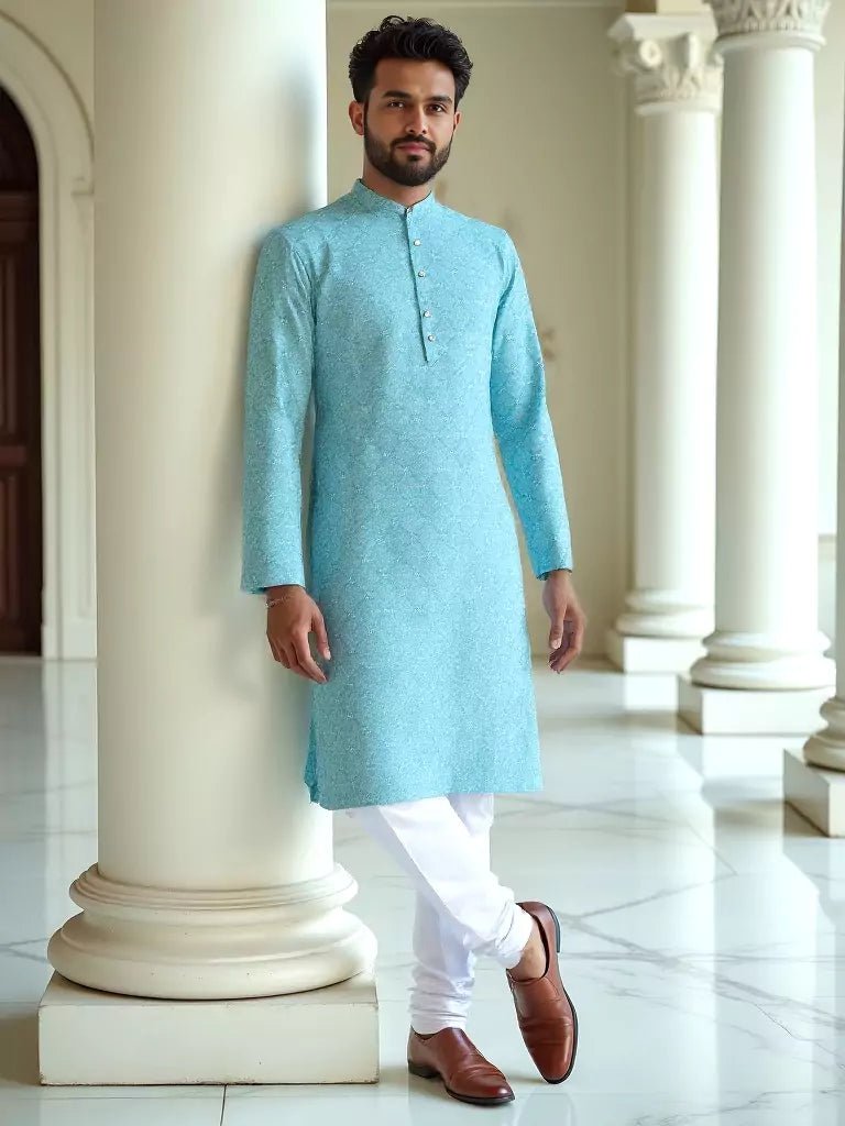 Image of Sky Elegance Cotton Floral Print Kurta - South India Shopping Mall