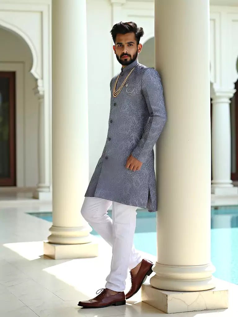 Image of Sky Imperial Floral Patterned Jacquard Semi - Indo Style - South India Shopping Mall