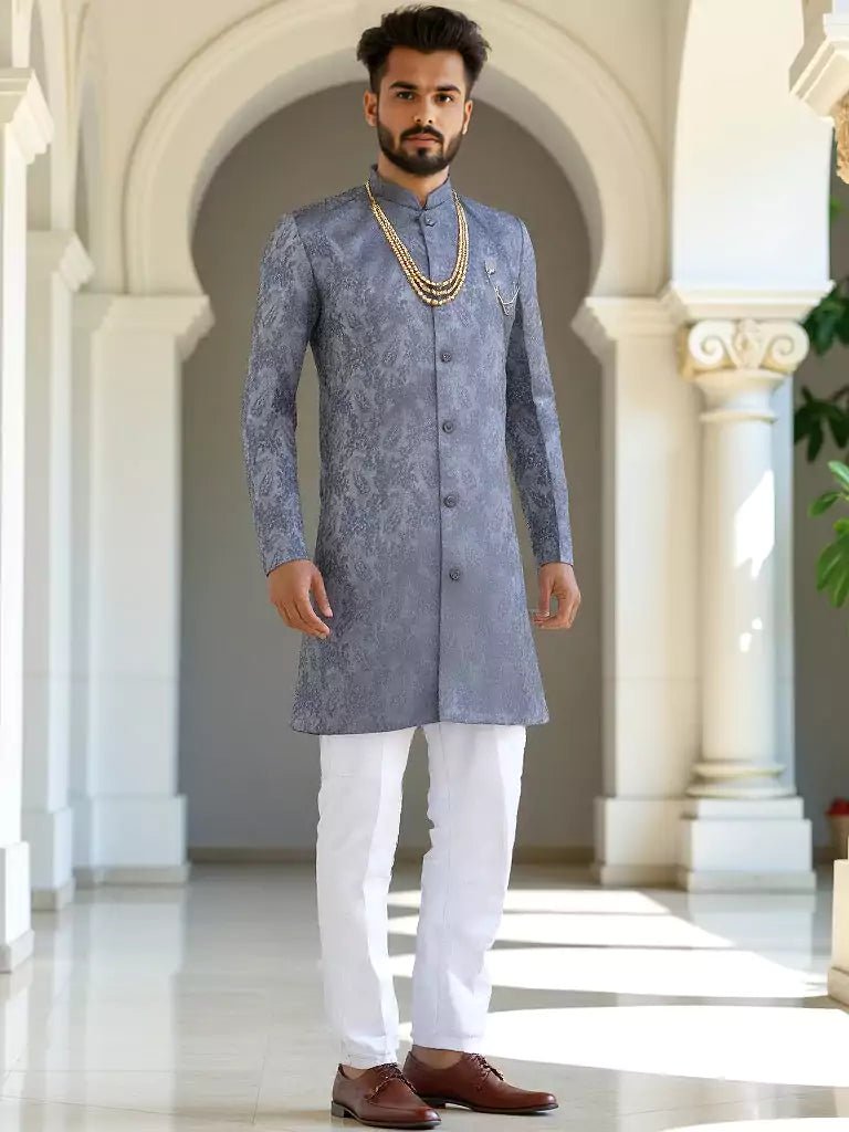 Image of Sky Imperial Floral Patterned Jacquard Semi - Indo Style - South India Shopping Mall
