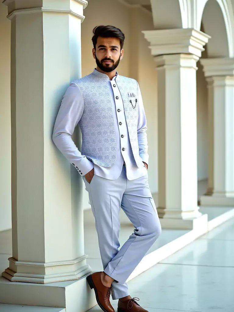 Image of Sky Jacquard Self Design With Open Jacket Style Bandhgala Set - South India Shopping Mall