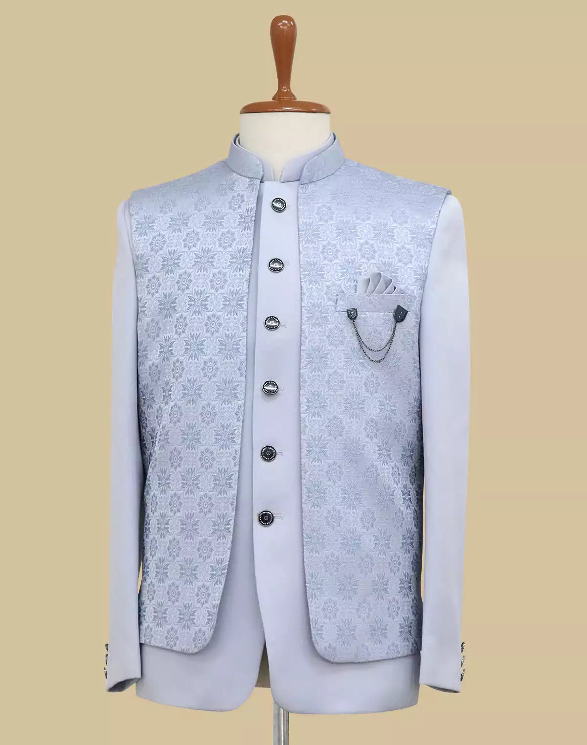 Image of Sky Jacquard Self Design With Open Jacket Style Bandhgala Set - South India Shopping Mall